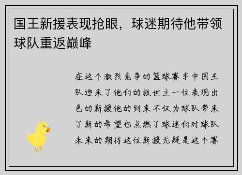 国王新援表现抢眼，球迷期待他带领球队重返巅峰